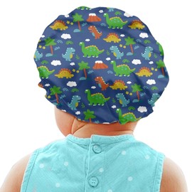 Babrukda Kids Satin Bonnet Sleeping Beanie Blue Green Brown Dinosaur Pattern Headwear Curly Natural Hair Cover Sleep Caps Breathable Hat for Kids Girls Boys Toddler Children Baby