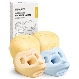 Korean-Made MOYUUM Silicone Macaron Pacifier 2 Pack with Travel Case, BPA Free One-Piece Orthodontic Baby Soother (0-3 Months Mango + Blue)