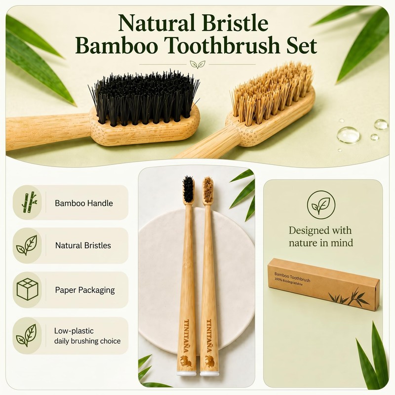 TIKITAKA FTG Natural Bristle Bamboo Toothbrush Sampler, 2 Pack -