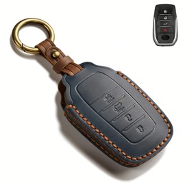 QBUC for Toyota Tundra Genuine Leather Key Fob Cover, 4 Button Key Holder Protector for Toyota 2021-2025 Land Cruiser Venza RAV4 Corolla Sequoia Sienna Crown Tacoma TRD Corolla SE Camry XSE(Blue)