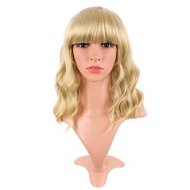 MapofBeauty 14 Inch/35 cm Short Wavy Curly Women Fresh Bright Synthetic Ordinary Flat Bangs Bob Wig (Mixed Golden)