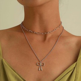 TseenYi Bow Choker Necklace Gold Layered Necklace Multilayer Paper Clip Chain Necklace Bowknot Pendant Necklace Layering Bow Tie Necklace Jewellery for Women and Girls, Silver