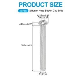 PATIKIL 5/16-18x3 Button Head Socket Cap Screws, 5 Pcs 304 Stainless Steel 18-8 Socket Cap Screw Bolts Allen Hex Drive Full Thread Fine Thread UNC