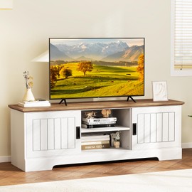 Giantex Farmhouse TV Stand for TVs up to 65", Entertainment Center with Storage Cabinets, Sliding Doors & Adjustable Shelves, Modern Media TV Console Table for Living Room, Bedroom, White & Oak
