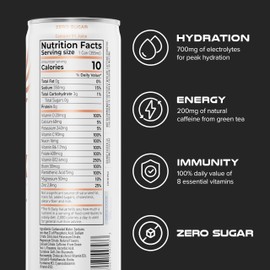 PHX Hydration Energy Drink, Peach - 700mg Electrolytes, 200mg Natural Green Tea Caffeine, 100% Daily Value 8 Essential Vitamins - 12 oz Cans (12 Pack)