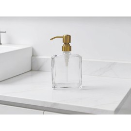 Kmeino Square Clear Glass Dish Soap Dispenser Brushed Gold Pump, Antique Refillable 13.5 oz Lotion Hand Soap Dispenser with Rust Proof Stainless Steel Pump for Bathroom Kitchen Countertop