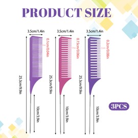 3Pcs Highlighting Comb Professional Highlight Comb with Long Stainless Steel Rat Tail for Home and Salon(Purple/Magenta/Purple)