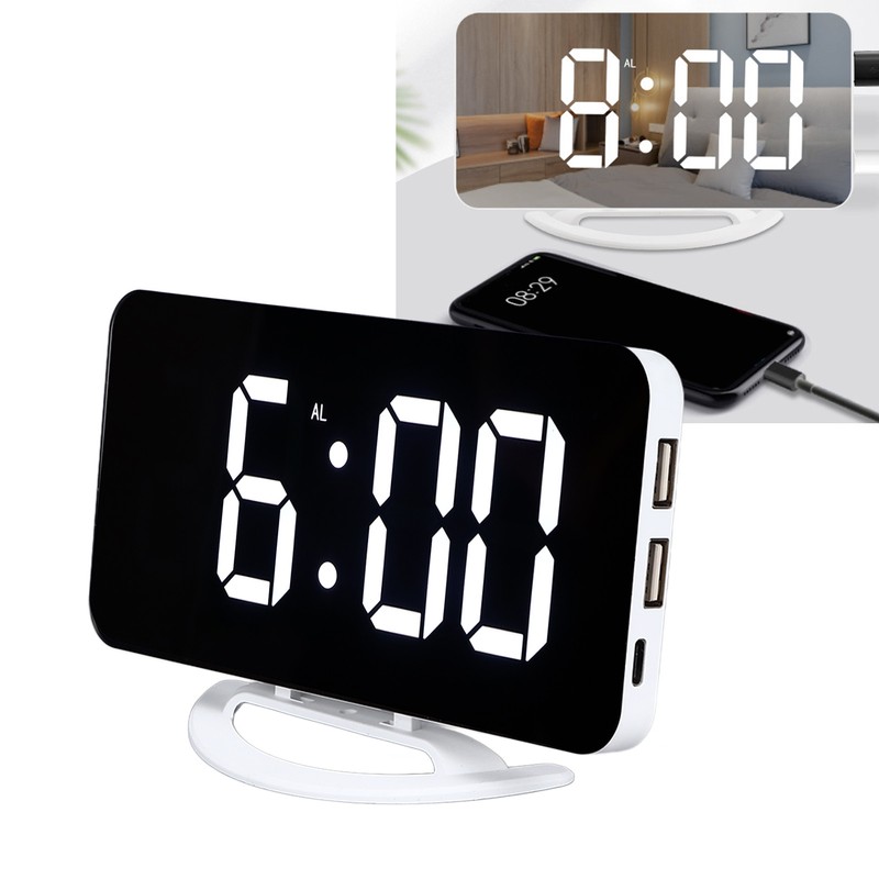 LED Digital Alarm Clock USB Charging Mirror Clock with 4