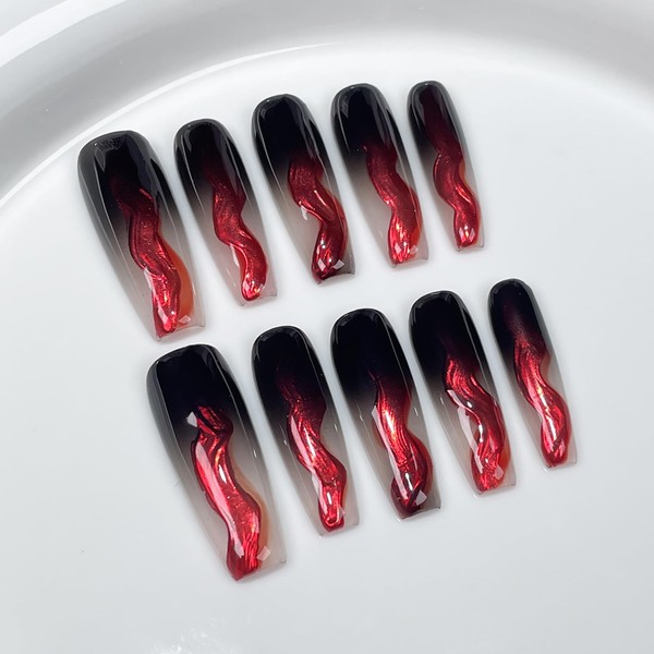 Handmade Press On Nails Long MouyouGlow, Ballerina Black Red Ombre