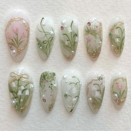 Cosmeria Künstliche Nägel Set, 24 Stück Grün Blumen Designs, Press On Nails Mit 12 Größen, Weiche Gel Nägel Zum Aufkleben Für Salon Oder Zuhause DIY