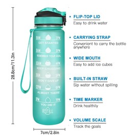 Ritte Water Bottle 1 L, Water Bottle with Time Markings, BPA-Free Sports Water Bottle with Straw for Men Women Cycling Hiking Running Gym (Green)