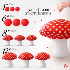 Mushroom Paper Lanterns and Berries, Large Mushroom Decorations for Enchanted Forest Decorations, Fairy Tea Party, Garden Party, and Alice in Wonderland Decor by Avoseta (12 pcs)