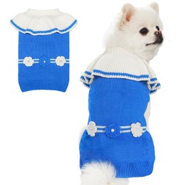 TONY HOBY Dog Sweater Shirts, Winter Pet Sweater Knitwear, Knitted Dog Sweater with Three Cute Flowers for Small Medium Dog (Blue&White, S)