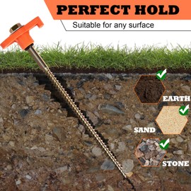 OFFOF 12 Pack Heavy Duty Metal Tent Pegs – Rotating Rock Pegs with Thread, Ground Anchors for Camping, Includes Drill Adapter & Nail Puller, Durable Steel Stakes for Garden, Canopies & Outdoor(orange)