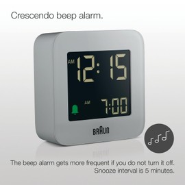 Braun Digital Travel Alarm Clock with Snooze, Compact Size, Negative LCD Display, Quick Set,Crescendo Beep Alarm in Grey, model BC08G.