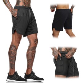 Shorts deportivos hombre para correr, shorts hombre para 2 en 1 forro de bolsillo, pantalón corto Deportivo con Licra para Secado rápido, transpirable para correr entrenamiento de gimnasio(negro, XXL)