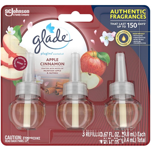 Glade PlugIns Scented Oil Refill Apple Cinnamon, Essential Oil Infused Wall Plug In, 2.01 FL OZ, Pack of 3