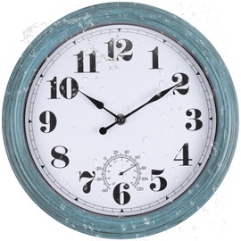 Aurowit Outdoor Clock Waterproof 14 Inch Outdoor Clocks with Thermometer Combo Wall Clock Battery Operated Non-Ticking Green Clocks for Patio Pool