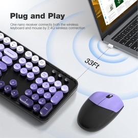 Wireless Keyboard and Mouse Combo - GEEZER Black-Purple Full-Sized Colorful Keyboard 104 Keys - USB 2.4 G Receiver Plug Play with Round Keycap Typewriter Keyboards, for Windows, PC, Laptop, Desktop