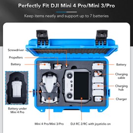 Lykus Titan MM410 Waterproof Hard Case for DJI Mini 4 Pro/Mini 3/Pro and RC2/RC/RC-N2/N1, Blue with Shoulder Strap, Support 7 batteries and RC lanyard [CASE ONLY]