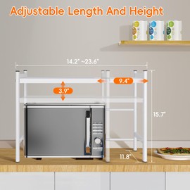 ByNaRIX Expandable Microwave Stand Countertop,Adjustable Microwave Shelf 2-Tier Metal Kitchen Counter Shelves Organizer Adjustable Height Toaster Oven Rack with 5 Hooks for Kitchen Office Desktop