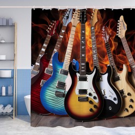 Funny Guitar Shower Curtains Retro Electric Guitar Music Band Theme Small Window Curtain Bathroom Decor Set with Hooks Waterproof Washable 72 W x 72 H Inches Yellow Blue