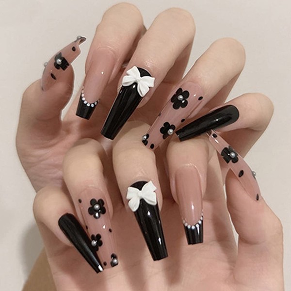 Aksod Cute Long Coffin Press on Nails Black Glossy Fake Nails Design Flower Bow French False Nails Tips Ballerina Full Cover Halloween Artificial Stick on Nails for Women and Girls 24Pcs (Style C)