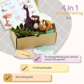 Woolbuddy Needle Felting Kit, 4 Felted Dinosaurs, Felted Animals, Felting Kit for Beginners Adult and Kids, Felting Supplies Included Felting Wool, Felting Pad, 4 Felting Needles and Instructions