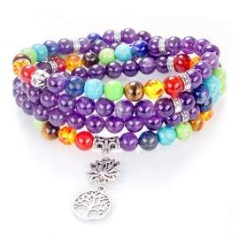 PWMENLK 108 Mala Beads Meditation Necklace 7 Chakra Buddhist Prayer Beaded Bracelet Tree of Life Pendant Necklace Healing Stone Yoga Necklace Women Men Bracelets(amethyst)