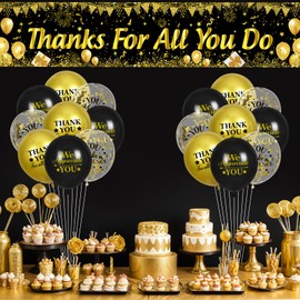 Thank You Appreciation Party Decorations Black Gold Thanks for All You Do Banner with 18 Pcs Balloons We Appreciate You Yard Sign Decor Gifts for Graduation Pastor Employee Staff Teachers Doctors