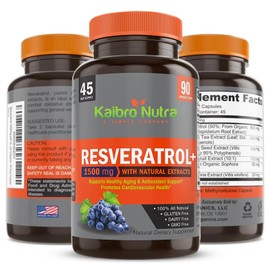 Kaibro Nutra Resveratrol Supplement, 1500mg Extra Strength Trans Resveratrol, Quercetin with Japanese Knotweed Extracts, Anti-Aging, Radiant Skin and Immunity Support, Vegan & Non-GMO, 90 Capsules
