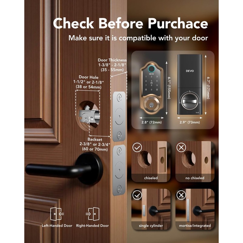Devo G8 Smart Lock, Fingerprint Door Lock with Code, 6-in-1