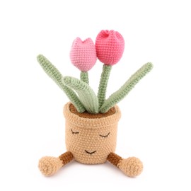 caiyjhao Hand Crocheted Tulip Bouquet Potted Plants, Knitted Artificial Flowers with Exquisite Flowerpots, Suitable for Gift Party Decoration, Shop Table Decoration for Family and Friends (Pink)
