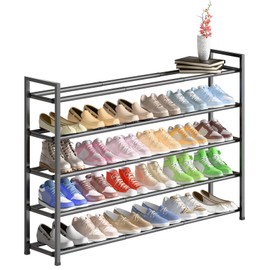 Bumusty 5-Tier Long Expandable Shoe Rack for Closet, 18"-44" Adjustable Shoe Rack for Entryway, 25-30 Pairs Large Shoe Organizer Shelf Storage, Sturdy Metal, Grey