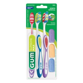 GUM - Cepillo Dental Supreme Max Mediano con Limpiador Lingual y Cerdas de Goma Estimulantes - 50% Más Cerdas para Mayor Cobertura y Limpieza Eficaz -