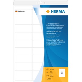 HERMA 4430 Adressetiketten für Schreibmaschinen, 20 Blatt, 67 x 30 mm, 27 pro A4 Bogen, 540 Stück, selbstklebend, bedruckbar, matt, blanko Papier Klebeetiketten Adressaufkleber Etiketten, weiß