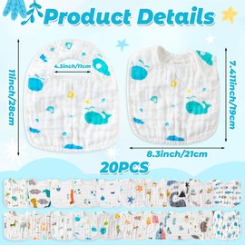 Zainpe Muslin Cotton Baby Bibs - 20Pcs Snap Baby Drooling Bib, Giraffe Penguin Star Pattern Soft Absorbent Adjustable Infants Burp Cloths for Newborns Boys Toddlers Feeding Teething Eating 0-36 Months