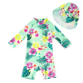 upandfast Baby Girls One Piece Swimwear Suits with Sun Hat Infant Swimsuits UPF 50+ Sun Protection (Green Flower, 6-9 Months)
