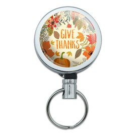 Give Thanks Thanksgiving Pumpkins Heavy Duty Metal Retractable Reel ID Badge Key Card Tag Holder with Belt Clip