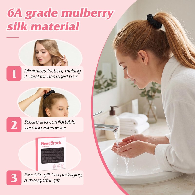 Needbrock Mulberry Silk Hair Ties, Thin Black Scrunchies for Women