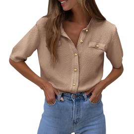 PRETTYGARDEN Women's Summer Button Down Shirts Casual Short Sleeve Crew Neck Ribbed Knit Blouse Top Cardigans (Camel,Small)