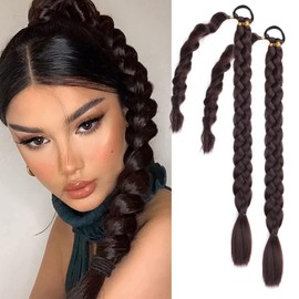2 Packs Brown Long Braided Ponytail Extensions with Hair Ties Natural Soft Synthetic Hair Piece for Black Women Straight Wrap Around Hair Extensions Ponytail