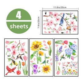 Yovkky Spring Summer Flower Birds Window Clings 4 Sheets, Sunflower Cherry Blossom Tulip Cardinal Blue Jay Hummingbird Stickers Decals Decor, Hydrangea Floral Seasonal Home Kitchen Decorations