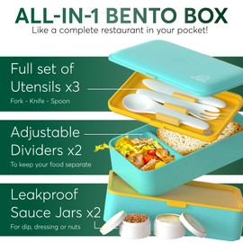 Umami All-in-1 1.2 L Bento Lunch Box Adult with Cutlery, 2 Sauce Containers as Lunch Boxes Salad, Snack Bento Box, Leak-Proof Lunch Box for Adults, Includes Accessories Lunch Box with Compartments for
