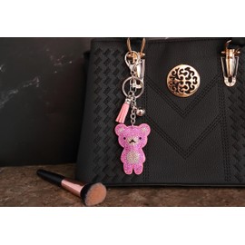 AuPra Pink Teddy Bear Tassel Women KeyChain Gift Idea Lady Girlfriend Crystal Bling Clips Animal KeyRing Mum Friendship Small Surprise Rhinestone Present Home Car Bag Key Chain Ring
