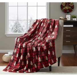 Winter Holiday Christmas Fleece Throw Blanket: Soft Comfy Tartan Check Plaid Design Red and Black with White Tree Accents for Couch Sofa Bed