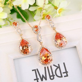 EVER FAITH Wedding Jewelry Topaz Color Crystal CZ 8-Shape Teardrop Necklace Earrings Set Gold-Tone