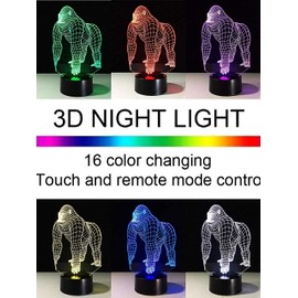 YTDZLTD Optical Illusion 3D Gorilla Night Light 16 Colors Changing USB Power Remote Control Touch Switch Decor Lamp LED Table Desk Lamp