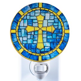 VOUWOWOX Stained Glass Styled Cross Night Light Plug in – Made with Real Glass, Bulb Included, On/Off Switch – Blue Mosaic Cross – Christian Gift for Baptism or Memorial