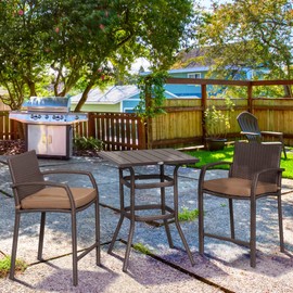 Outsunny 3 PCS Rattan Wicker Bar Set with Wood Grain Top Table and 2 Bar Stools for Outdoor, Patio, Poolside, Garden, Grey